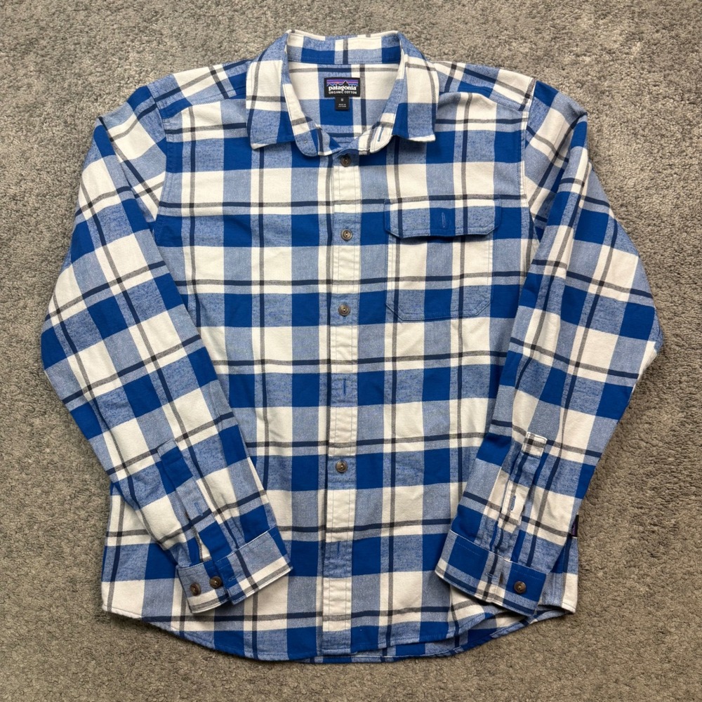 Patagonia Fjord Flannel Shirt Blue White Plaid Mens Size M Organic Cotton